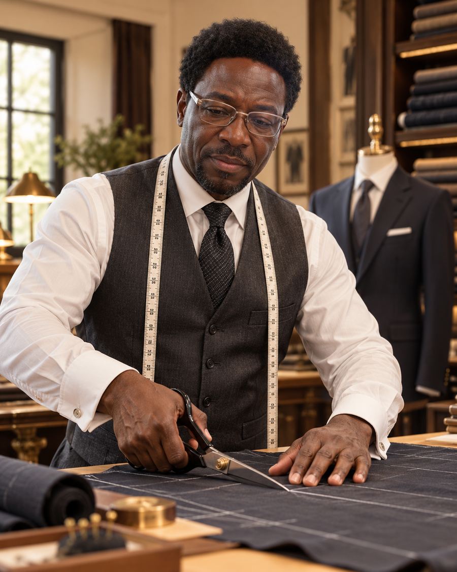 Experienced tailor cutting fabric by hand at a worktable